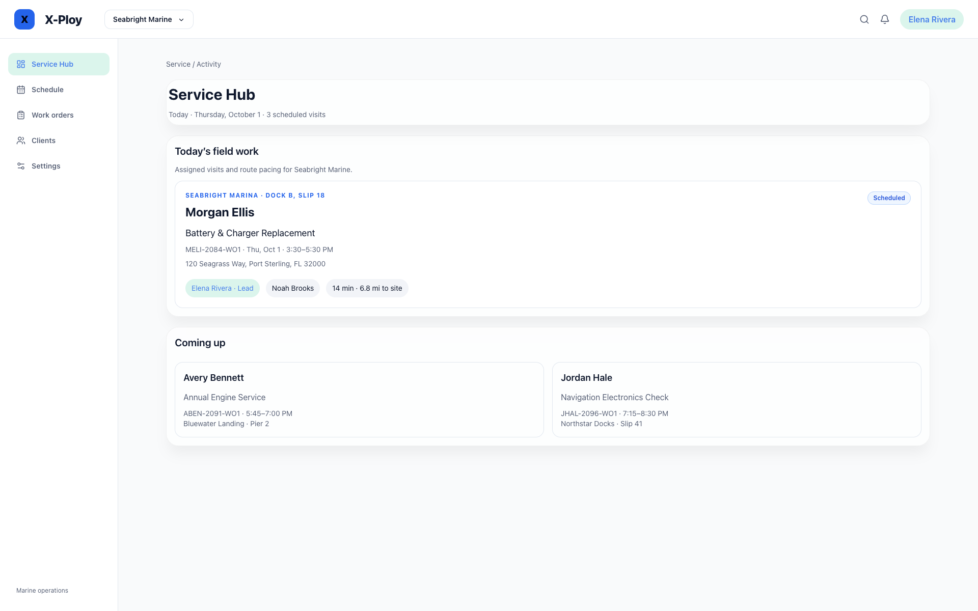 X-Ploy Service Hub overview with assigned visits, work-order details and upcoming jobs for a fictional marine-service team.