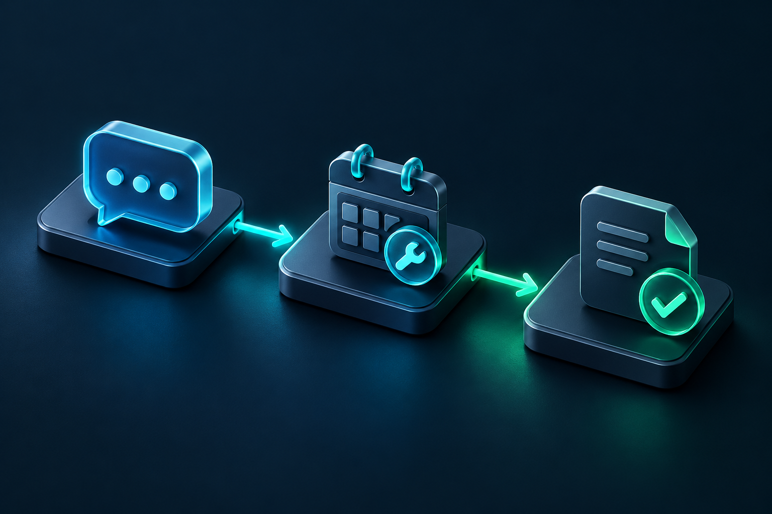 Concept illustration of an inquiry, scheduled work and completed job connected by a blue-to-green path.