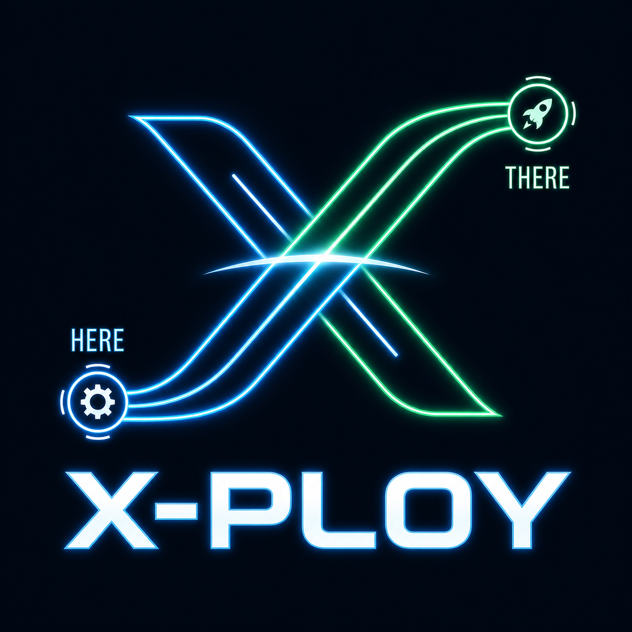 X-Ploy: a blue path rises through the X from Here to a green rocket at There.