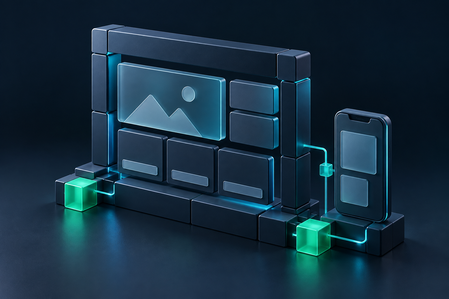 Concept illustration of modular website and app components connected in a blue-to-green workflow.