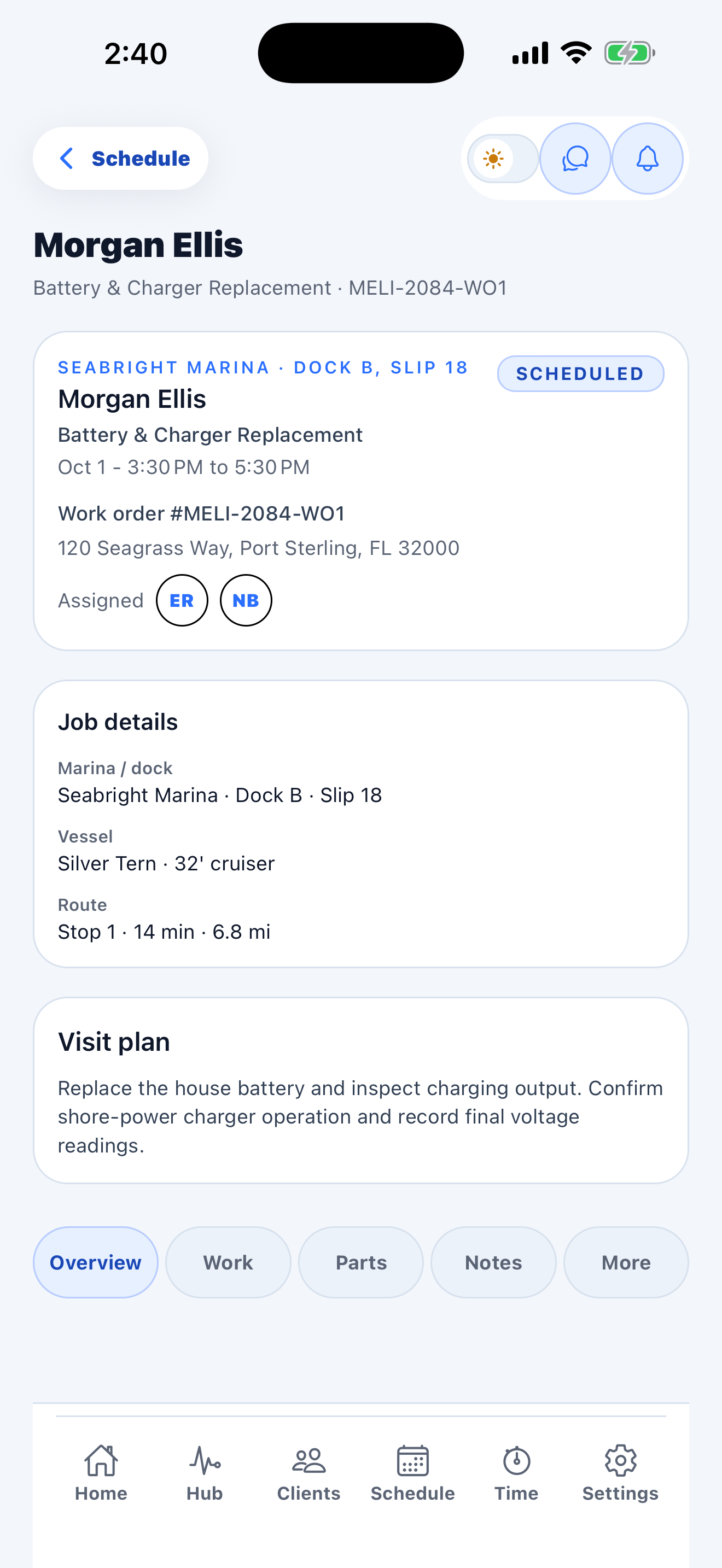 X-Ploy iPhone work-order example with sample data, showing location, assigned crew and visit plan.