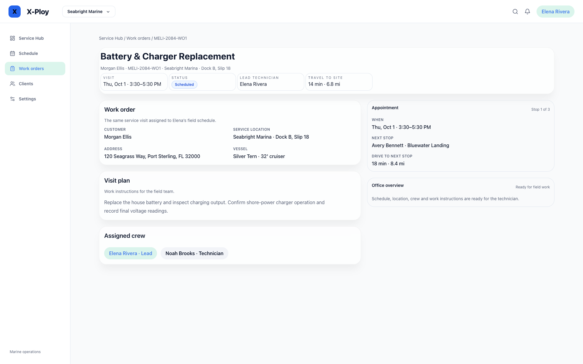 X-Ploy browser work-order example with sample data, showing visit details and assigned crew.