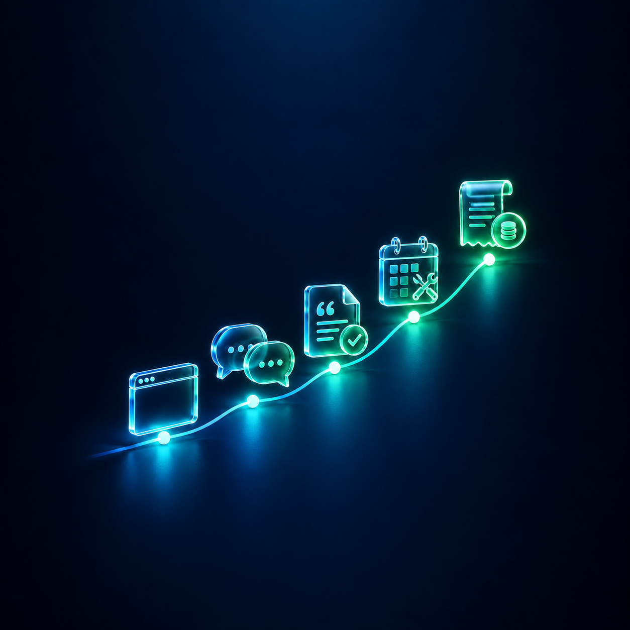 Conceptual workflow: website, conversation, quote approval, scheduled work and payment on a rising blue-to-green path.