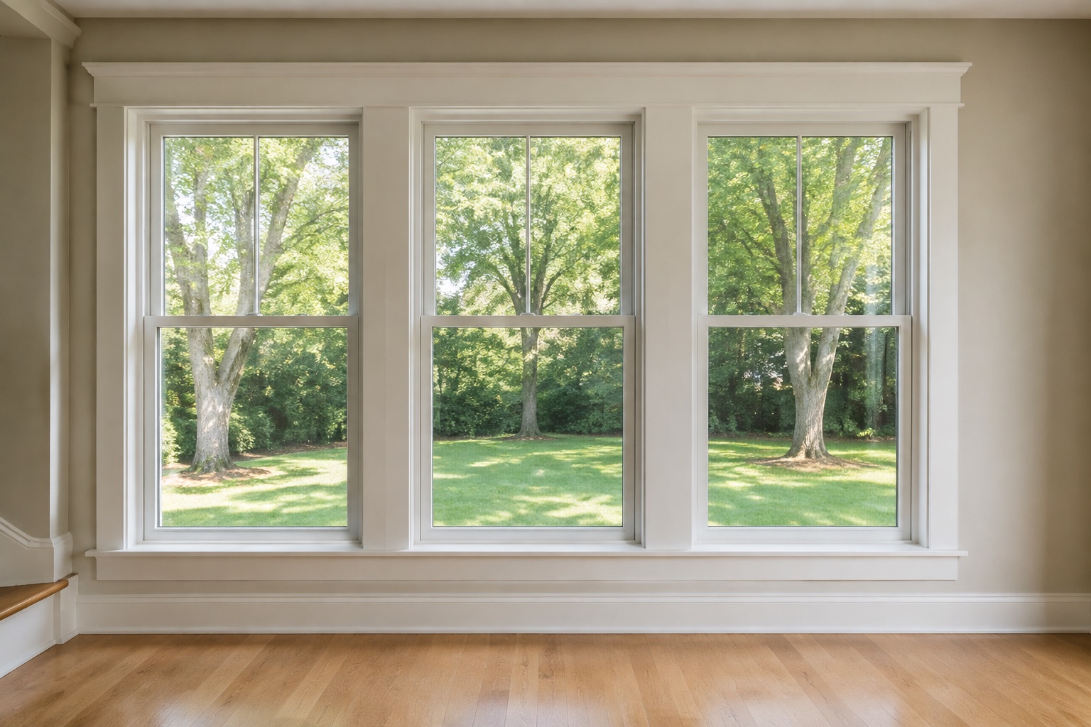 Three white-framed windows overlooking a green lawn and mature trees.