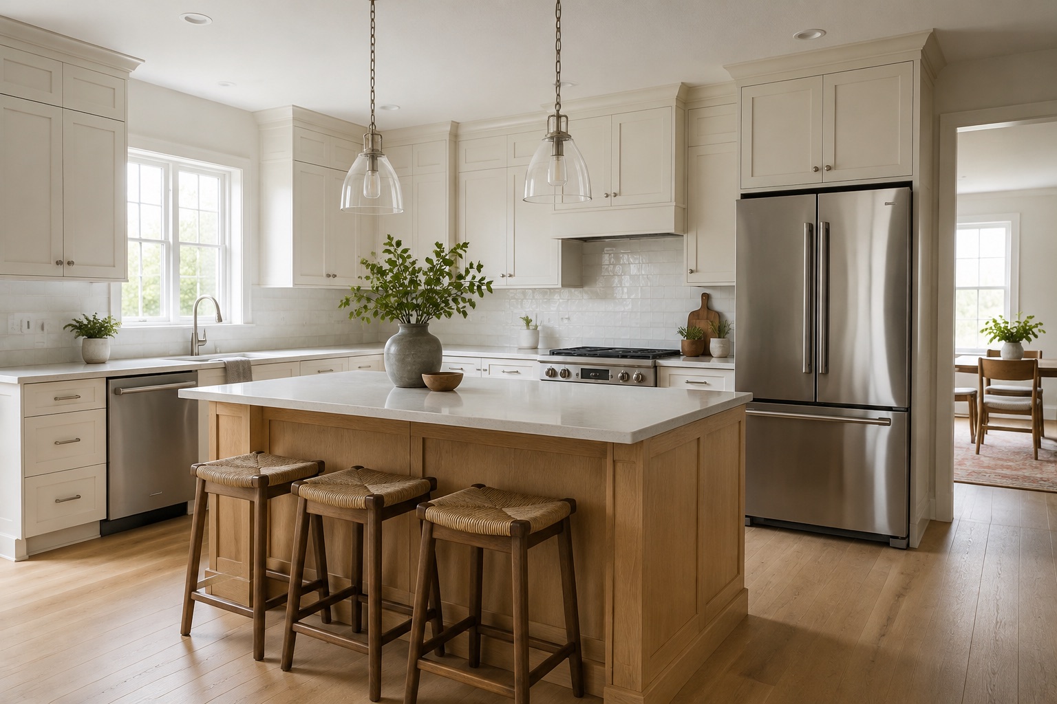Kitchen with warm-white cabinets, a natural-oak island and pale countertops.