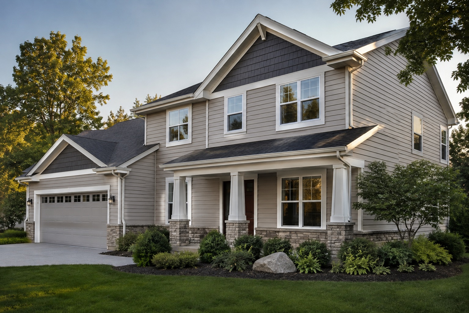 Light-gray lap siding and white-trimmed windows on a landscaped two-story home.