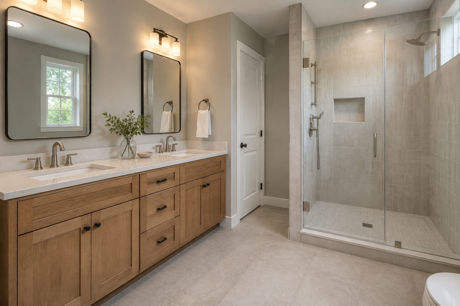 Oak double vanity beside a light-tiled glass shower in a neutral bathroom.
