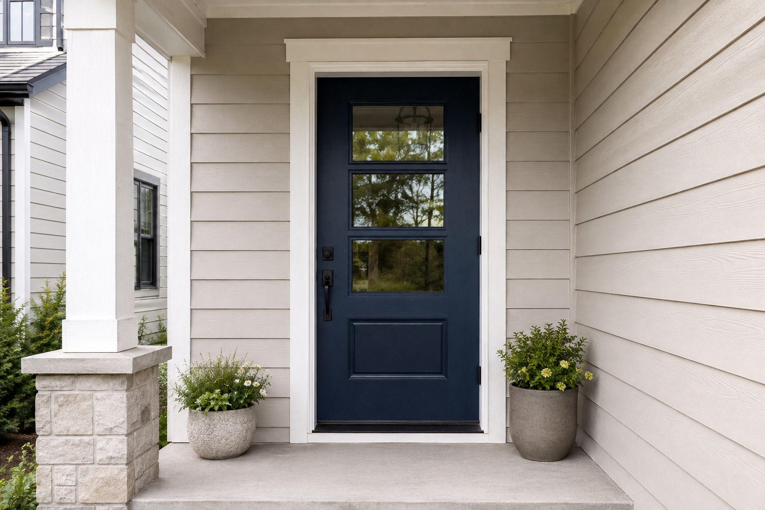 Deep-navy front door with three glass panes, white trim and a sheltered porch.